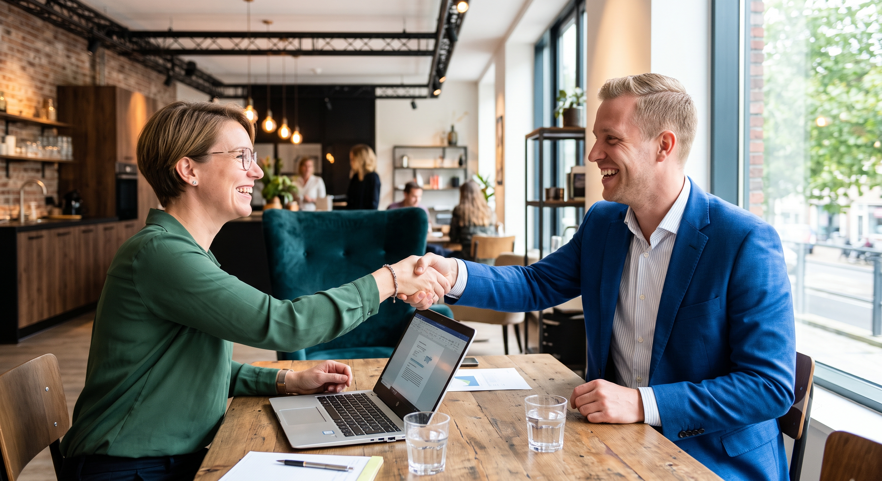 Two business professionals shaking hands after a bookkeeping consultation