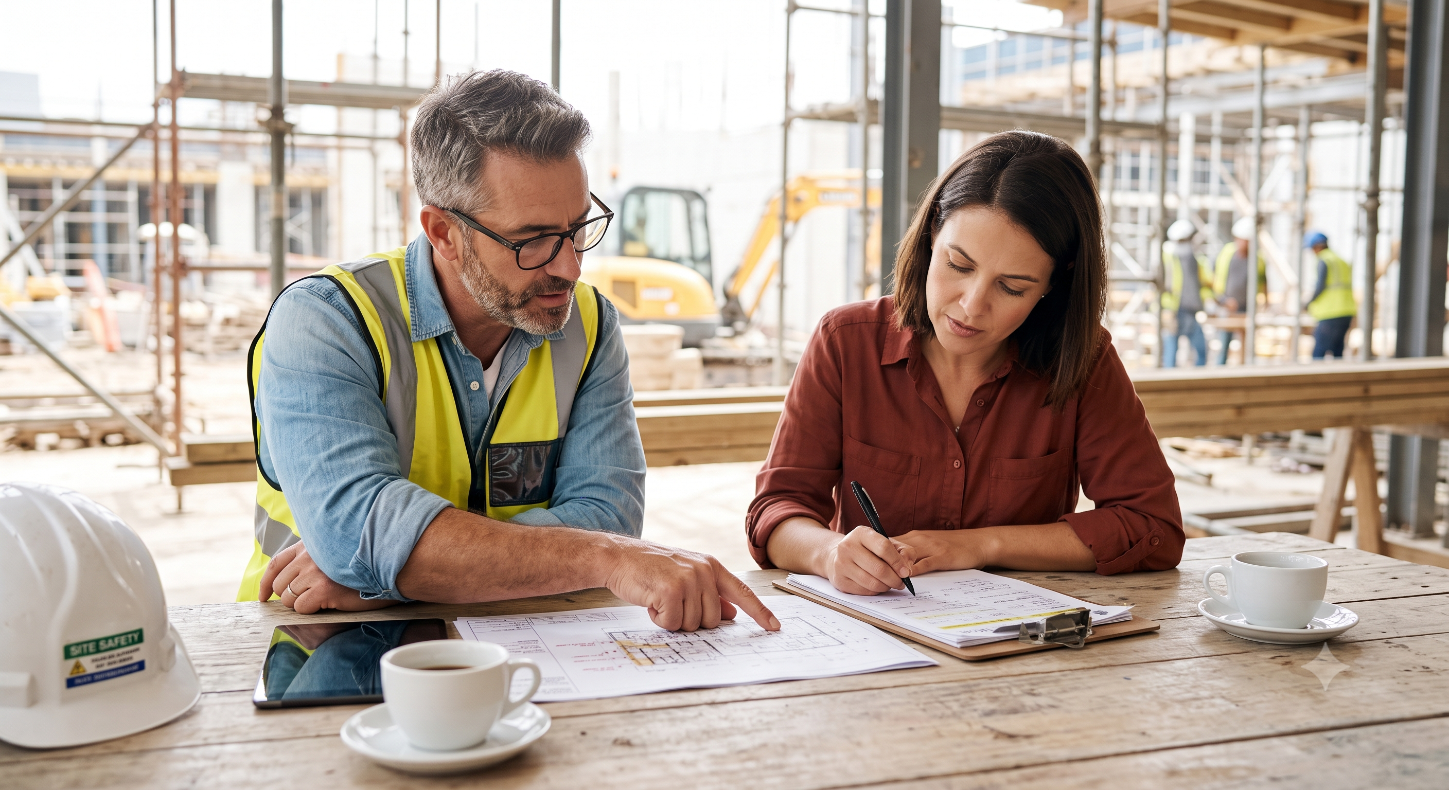 A bookkeeping client reviewing paperwork on-site with a tradesperson